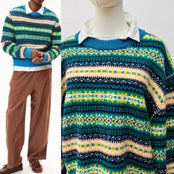 NWT UO Hudson Fair Isle Blue Crew Neck Sweater UNISEX XL / Eclectic Grandpa - Picture 1 of 14